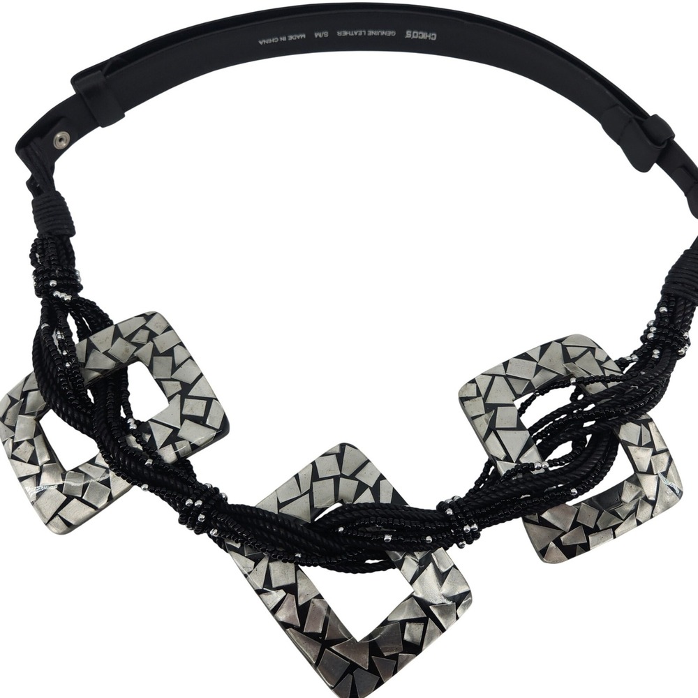 Chico's Belt S/M Black Genuine Leather Beaded Geometric Silver Statement Boho